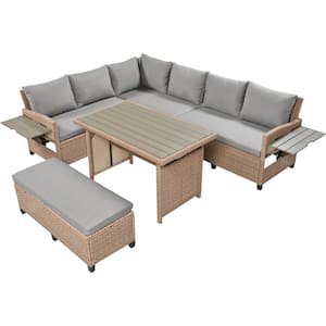 5-piece PE Wicker Outdoor patio garden Sectional sofa set with 2 retractable side tables and washable Gray seat Cushions