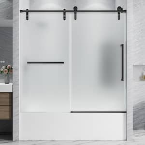 56-60'' W x 60'' H Frameless Sliding Shower Door, 5/16'' (8mm) Frosted Ultra-Clear Tempered Glass, Matte Black