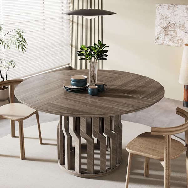 BYBLIGHT Farmhouse Gray Wood 47 in. Pedestal Dining Table for 4-6 Person, Round Dining Room Table