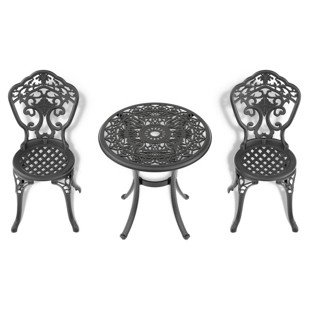 3-Piece Cast Aluminum Patio Furniture Outdoor Bistro Sets with Umbrella Hol
