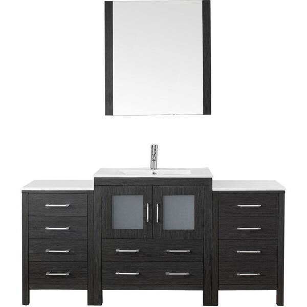 Virtu USA Dior 67 in. W Bath Vanity in Zebra Gray with Ceramic Vanity Top in White with Square Basin and Mirror and Faucet