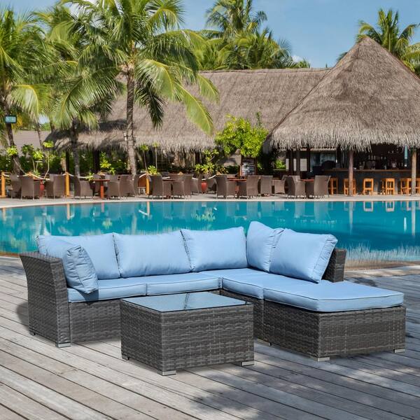 Unbranded Jicaro Gray 5-Piece Wicker Outdoor Sectional Set with Light Blue Cushions