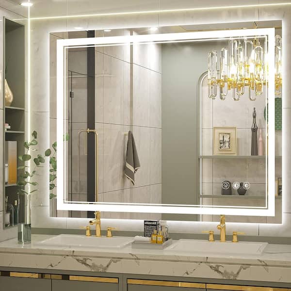 ANGELES HOME 40 in. W x 32 in. H Rectangular Aluminum Frameless Wall Bathroom Vanity Mirror w/ Light, Tempered Glass