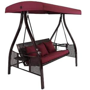 Sunnydaze Merlot 3-Person Metal Patio Swing with Side Tables and Canopy