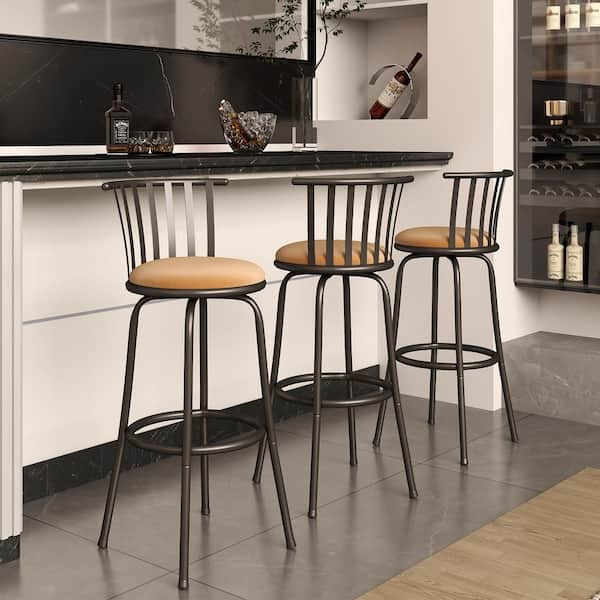 Farma 24/29 in. Adjustable Height Brown Cushioned Bar Stool w/ Slat Back, Swivel for Counter and Bar Height, (Set of 3)