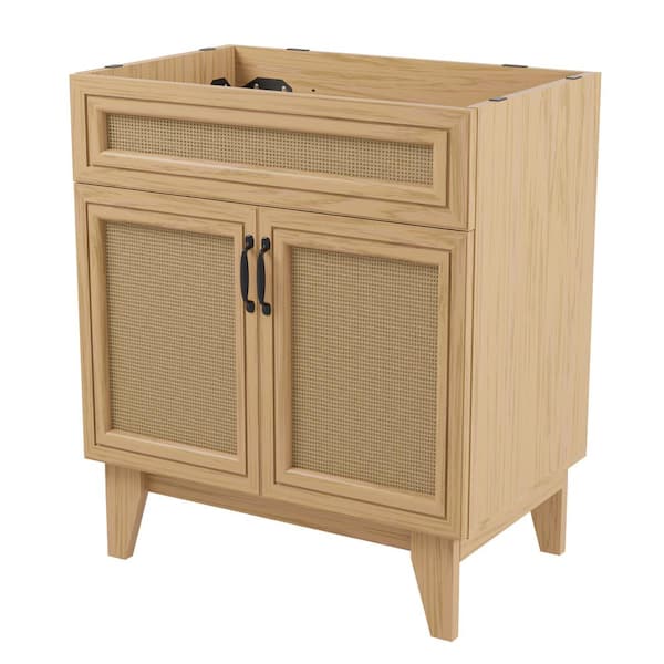 JONATHAN Y Javer 30 in. W x 18 in. D x 33 in. H Rattan 2-Shelf Bath Vanity Cabinet without Top (Sink Basin not Included), Oak