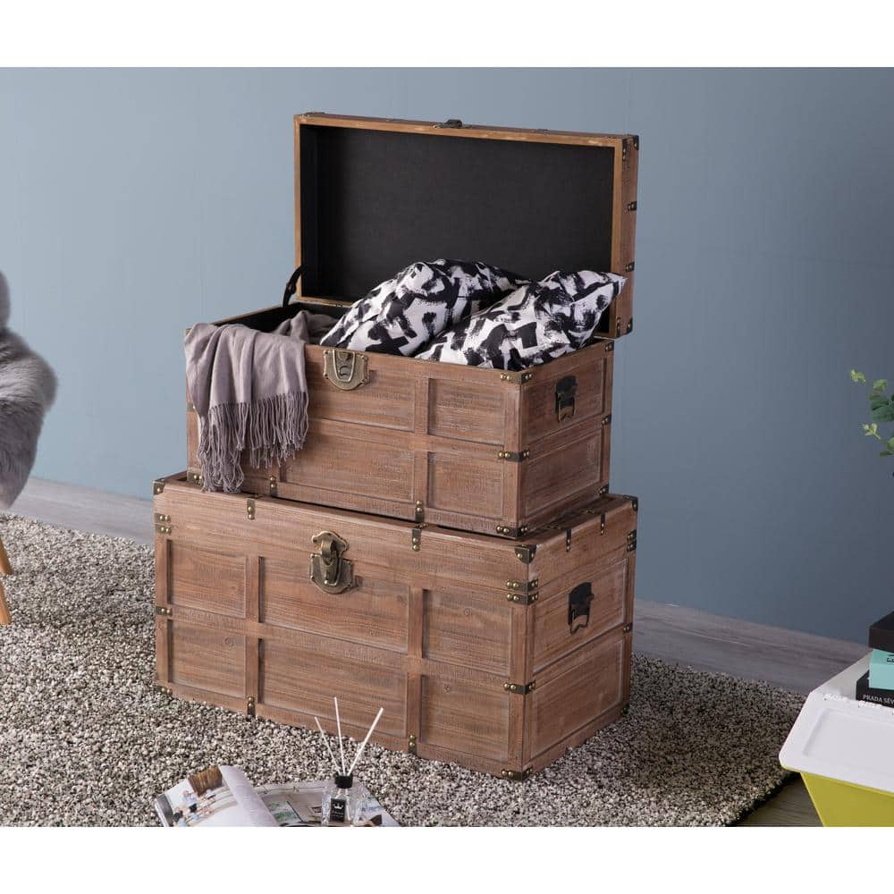 Rustic Wooden Rectangular Storage Trunk Set with Metal Accents