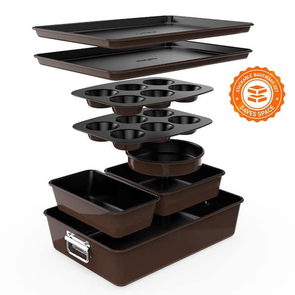 8-Piece Stackable Carbon Steel Bakeware Sets - Non-Stick Coating, Bake Tray Sheet Bakeware Set (Brown)