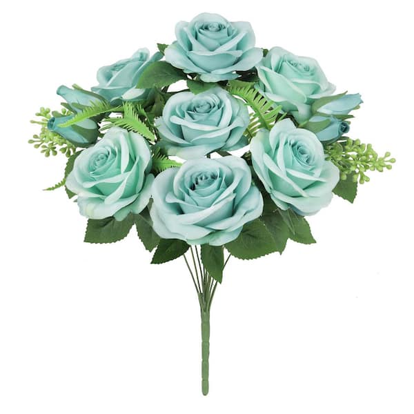 18 in. Light Turquoise Artificial Rose Flower Stem Bush Bouquet (Set of 2)