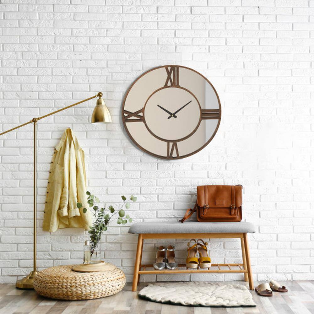 Oversized Antiqued Bronze Metal Wall Clock Mirror