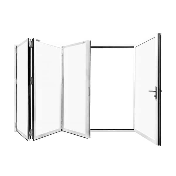 144 in. x 80 in. White Aluminum Outswing Folding Patio Door 3 Left 1 Right Panels Double Tempered Glass with Lockset