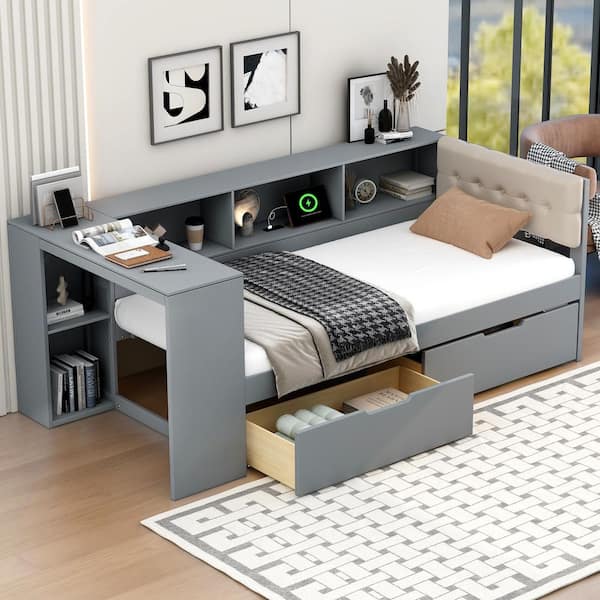 Harper & Bright Designs Gray Wood Frame Twin Platform Bed with 2 Drawers, Desk, Linen Upholstered Headboard, USB, Storage Shelves