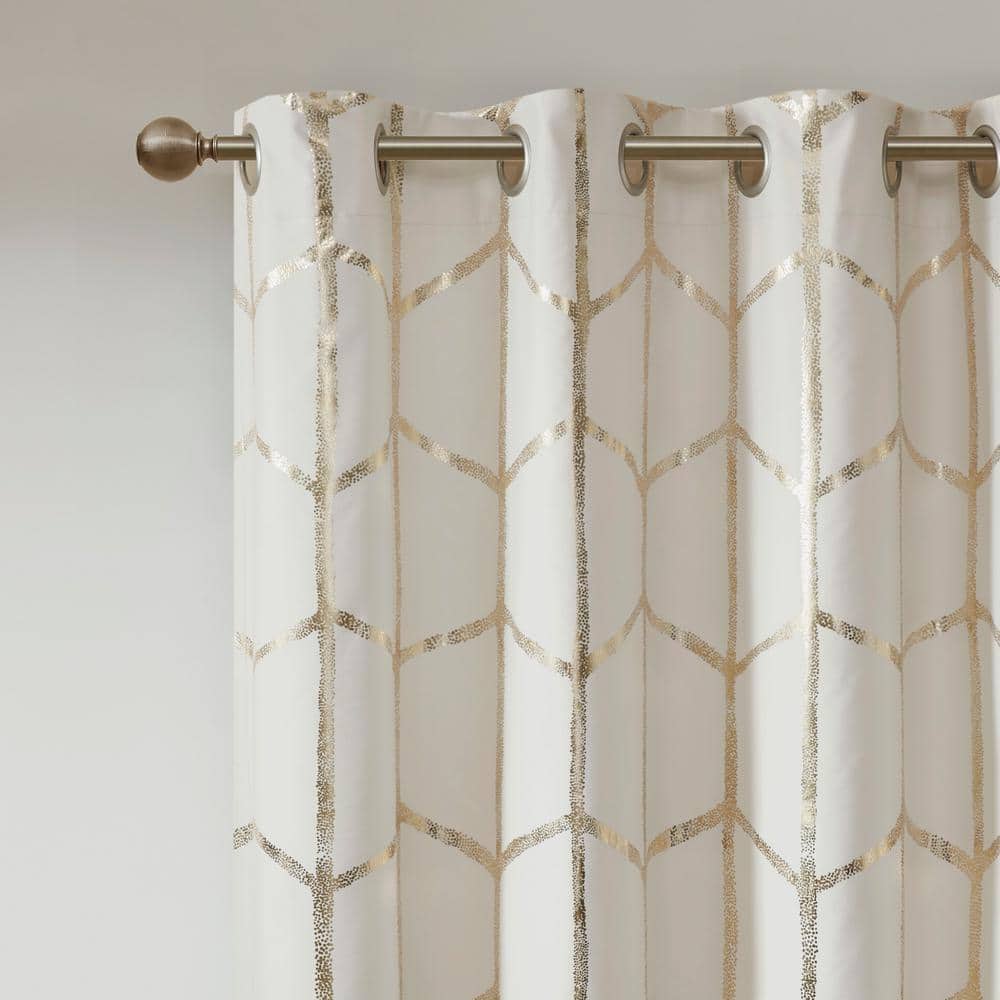 Ivory and Gold Geometric Blackout Grommet Curtains, 50"x84" Set of 2