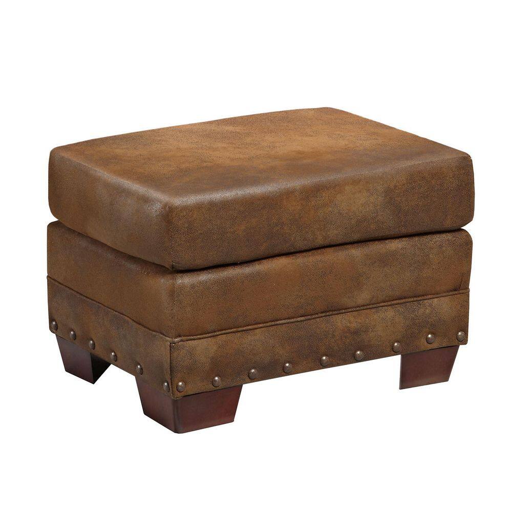 Buckskin Rustic Leather-Look Microfiber Ottoman with Antique Brass Accents