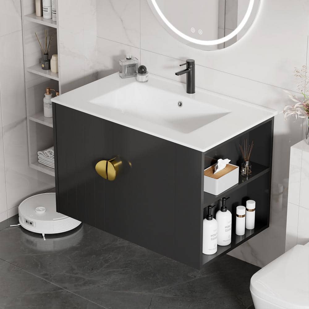 30 in. D x 18 in. W x 19 in. H Single Sink Floating Bath Vanity in Black wi