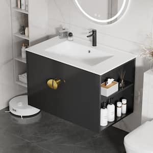 30 in. D x 18 in. W x 19 in. H Single Sink Floating Bath Vanity in Black with White Ceramic Top Basin, Right Open Shelf