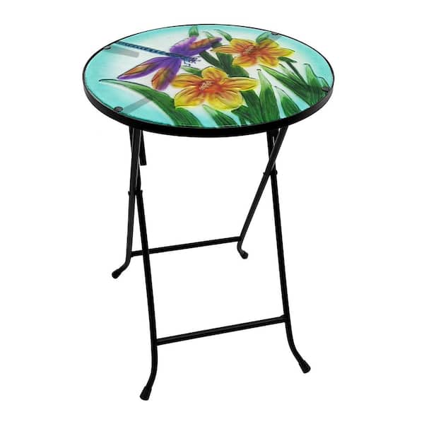 Alpine Corporation 14" Folding Glass Round Table with Flowers and Dragonfly