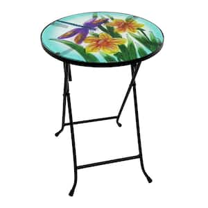 14" Folding Glass Round Table with Flowers and Dragonfly