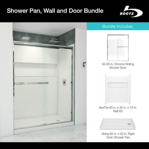 Aloha 60 in. x 32 in. Shower Pan, NexTile 60 in. x 32 in. x 74 in. Wall Kit, & 56-60 in. Sliding Door Combo