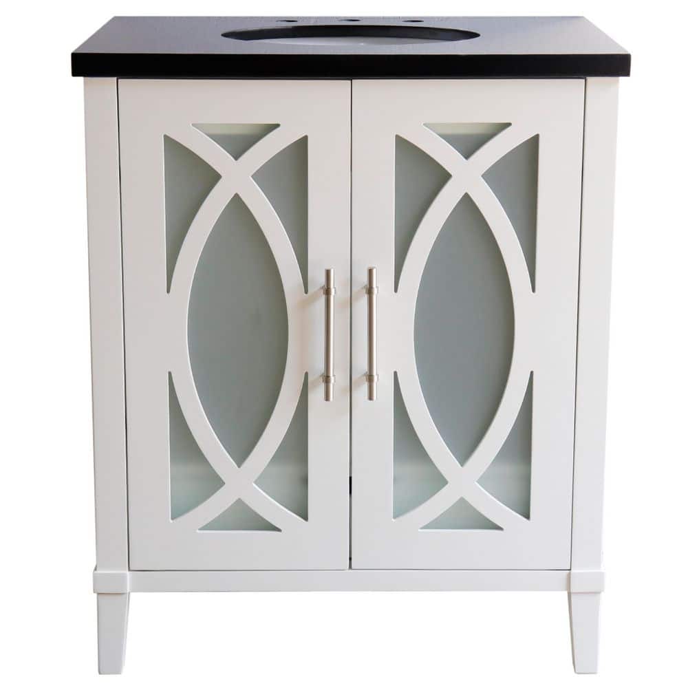 White Freestanding Single Vanity with Black Granite Top