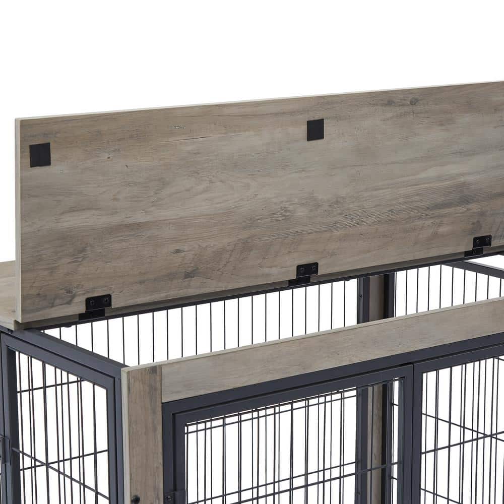 Gray Rolling Wooden Dog Crate Side Table with Double Doors