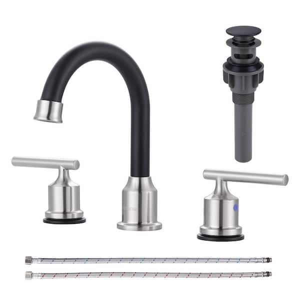 8 in. Widespread 3 Hole Double Handle Bathroom Faucet with Pop-up Drain and cUPC Water Supply Line in Nickel and Black