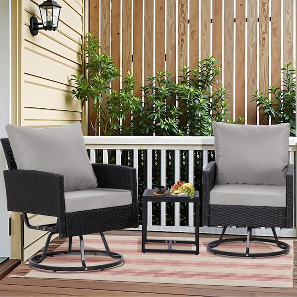 JUSKYS 3-Pieces Black Wicker Outdoor Patio Furniture Swivel Rocker Chairs Sets with Coffee Table and Gray Cushions