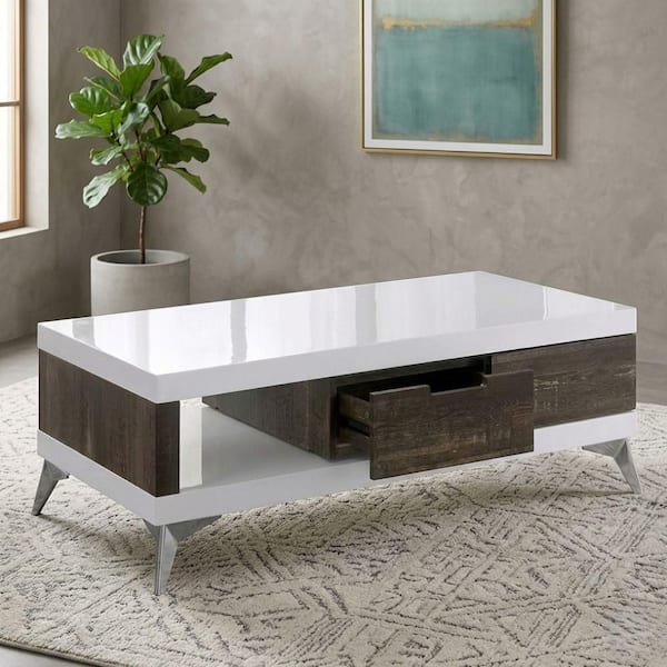 Kentot 47 in. White and Distressed Dark Oak Rectangle Wood Coffee Table with High Gloss Finish and Drawers