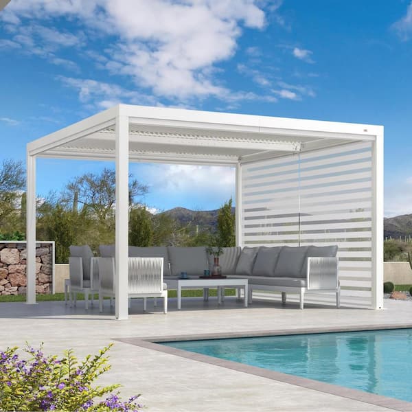 12 ft. x 12 ft. White Aluminum Frame Louvered Pergola with Individual Adjustable Sunshade Roofs and 1-Side Roller Shade