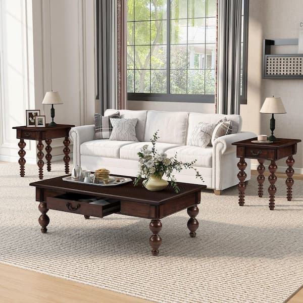 Hartwin Vintage 47 in. Espresso Finish Rectangle MDF Coffee Table with Drawer, Solid Wood Gourd-Shaped Leg