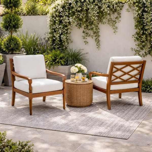 Savannah Brown Wood Outdoor Lounge Chair with White Cushions(2-pack)