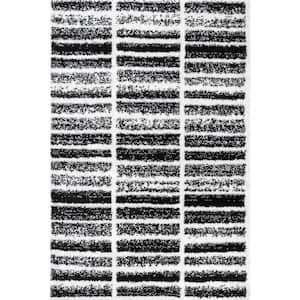 Celyn Distressed Stripes Cozy Shag Black and White 7 ft. 10 in. x 10 ft. Indoor Area Rug