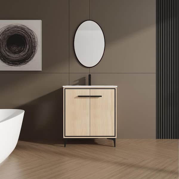 18.31 in. W x 30 in. D x 33.86 in. H 1-Sink Freestanding Bath Vanity in Oak with White Ceramic Top