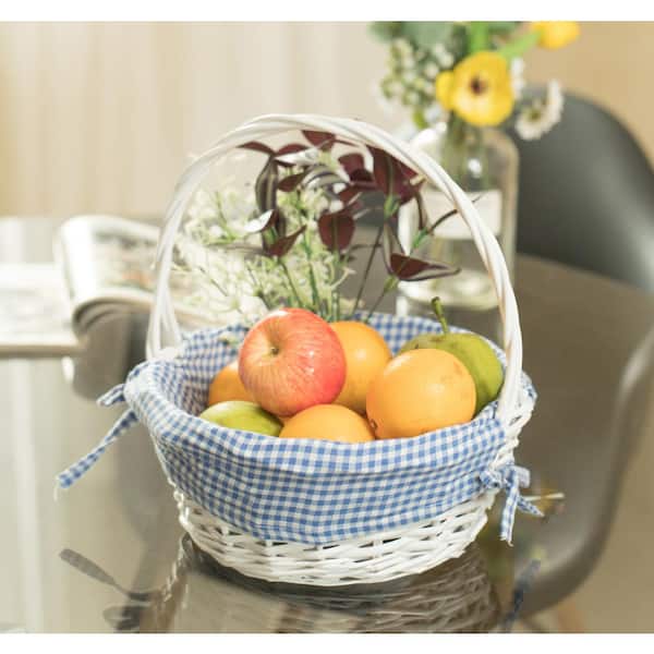 White Round Willow Gift Basket, with Blue Gingham Liner and Handle - Small