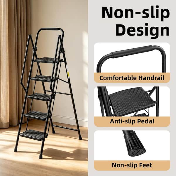 Huluwat 5 ft. Reach 5-Step Folding Ladder with Anti Slip Wide
