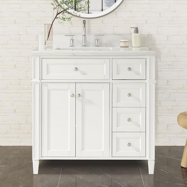 36 in. Solid Wood Single Sink White Bath Vanity with White Carrara Marble Top, Soft Closing, 2-Doors,4-Drawers,Assembled