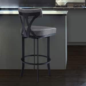 Natalie Contemporary 26 in. Counter Height Bar Stool in Black Powder Coated and Vintage Grey Faux Leather
