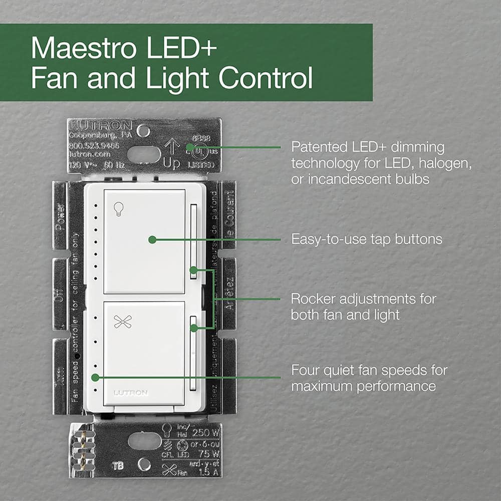 Lutron Maestro White Single Pole Fan and LED Dimmer Switch