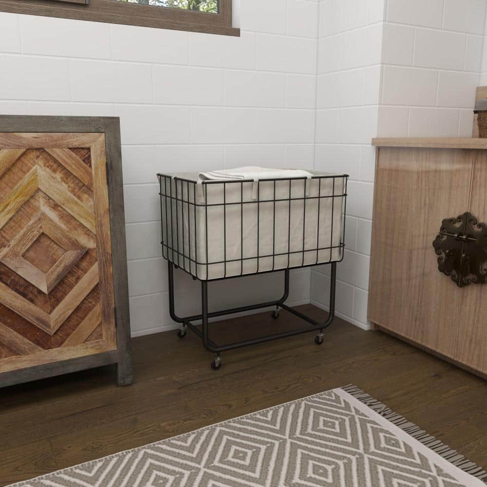 Black Metal Wire Basket Storage Cart with Wheels and Fabric Lining
