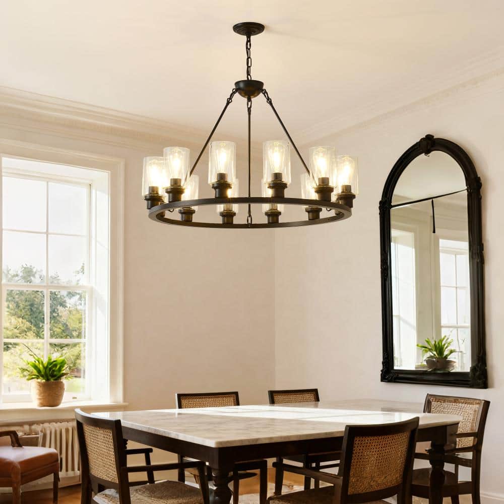 31.5 in. 12-Light Modern Black Wagon Wheel Chandelier Glass Pendant Light with Adjustable Height (No Bulbs) price history on PriceWatchPro