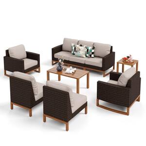 Metal 7 Seat Rattan Wicker 9-Piece Steel Outdoor Patio Conversation Set With Beige Cushions and Wood-Colored Table