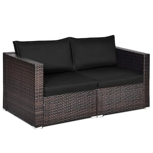 Brown 2-Piece Wicker Outdoor Loveseat Sofa with Black Cushions