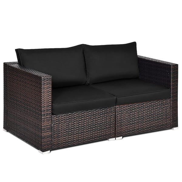 Costway Brown 2-Piece Wicker Outdoor Loveseat Sofa with Black Cushions