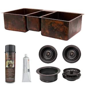Undermount Hammered Copper 42 in. 0-Hole Triple Bowl Kitchen Sink and Drain in Oil Rubbed Bronze