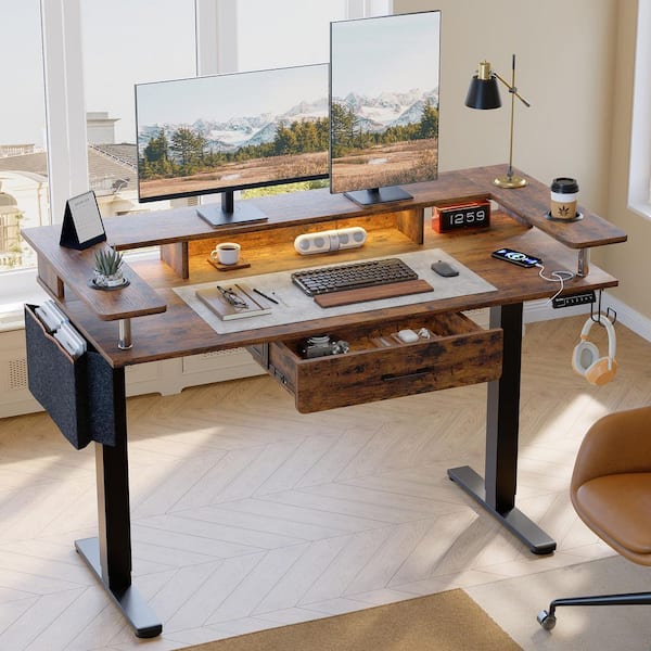 58 in. Rectangular Rustic Brown Wood Sit to Stand Desk with Monitor Stand, Computer Desk with Storage Drawer