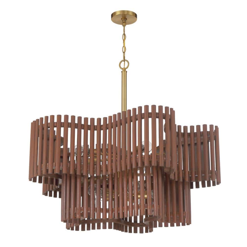 Satin Brass and Walnut 10-Light Wooden Chandelier
