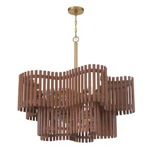 Freeform 10-Light Satin Brass Finish with Walnut Wooden Frame Chandelier for Kitchen Dining Foyer, No Bulb Included