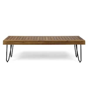 3-Person Teak Brown Wood and Black Metal Outdoor Patio Bench for Garden, Backyard, Balcony and Poolside