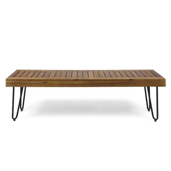 Zeus & Ruta 3-Person Teak Brown Wood and Black Metal Outdoor Patio Bench for Garden, Backyard, Balcony and Poolside