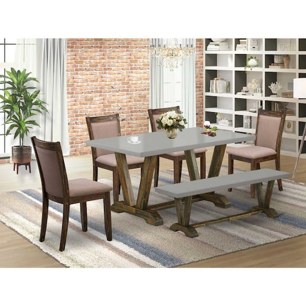 East West Furniture 6-Piece Rectangle Distressed Jacobean Finish Solid Wood Top Dining Table with 1-Bench, 4-Chairs with Lattice Back